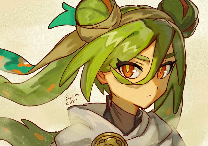1girl artist_name cloak closed_mouth commentary double_bun eyelashes green_hair ground_miku_(project_voltage) hair_between_eyes hair_bun hatsune_miku highres long_hair long_hair_between_eyes narumi_hyou nintendo pokemon project_voltage red_eyes solo twintails twitter_username upper_body v-shaped_eyebrows vocaloid white_background white_cloak yellow_pupils
