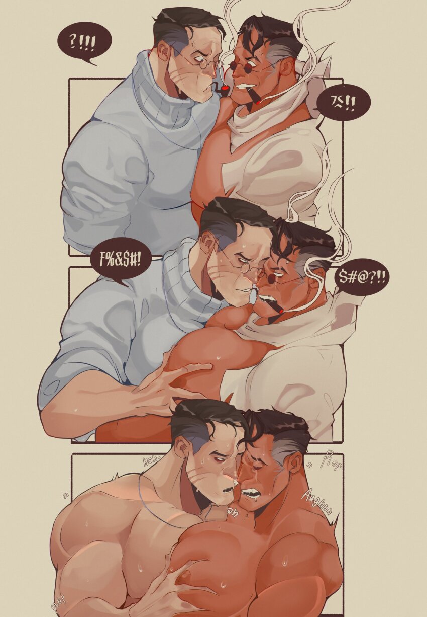 ! !! 2boys ?!!! anger_vein bandana bandana_around_neck bara black_hair blue_eyes blush censored cigar cigar_in_mouth closed_eyes profanity drooling facial_scar from_side glasses groping hand_on_another&#039;s_chest hand_up hazylulu highres implied_sex jacket jewelry large_pectorals long_sleeves male_focus medic_(tf2) moaning multiple_boys multiple_views muscular muscular_male necklace nipples open_clothes open_jacket open_mouth parted_lips pectoral_cleavage pectoral_grab pectoral_press pectorals scar scar_across_eye scar_on_cheek scar_on_face selfcest shirt short_hair smile smoke smoking smoking_pipe speech_bubble sweat sweater team_fortress_2 teeth turtleneck turtleneck_sweater upper_body white_bandana white_jacket white_shirt yaoi