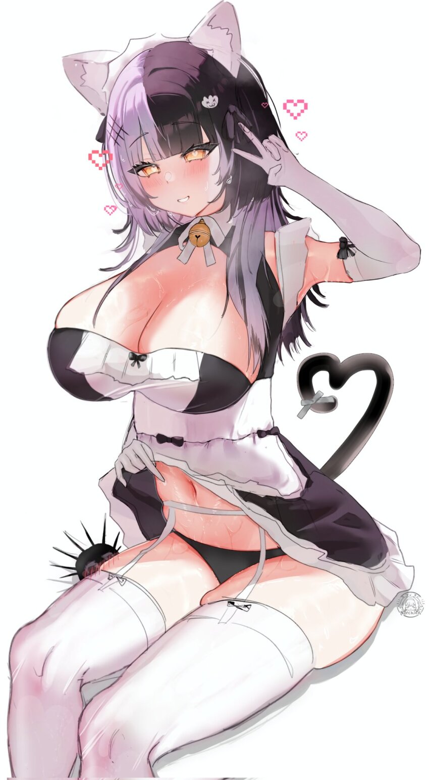 1girl alternate_costume animal_ears apron bare_shoulders bell black_choker black_dress black_hair breasts cat_ears cat_girl cat_tail choker cleavage dress elbow_gloves frilled_apron frills gloves grey_hair hair_ornament highres hololive hololive_english jingle_bell large_breasts long_hair looking_at_viewer maid maid_apron maid_headdress multicolored_hair naechiee navel neck_bell shiori_novella simple_background sitting smile solo split-color_hair tail thighhighs two-tone_hair unconventional_maid underwear virtual_youtuber white_apron white_background white_gloves white_thighhighs yellow_eyes yorick_(shiori_novella)