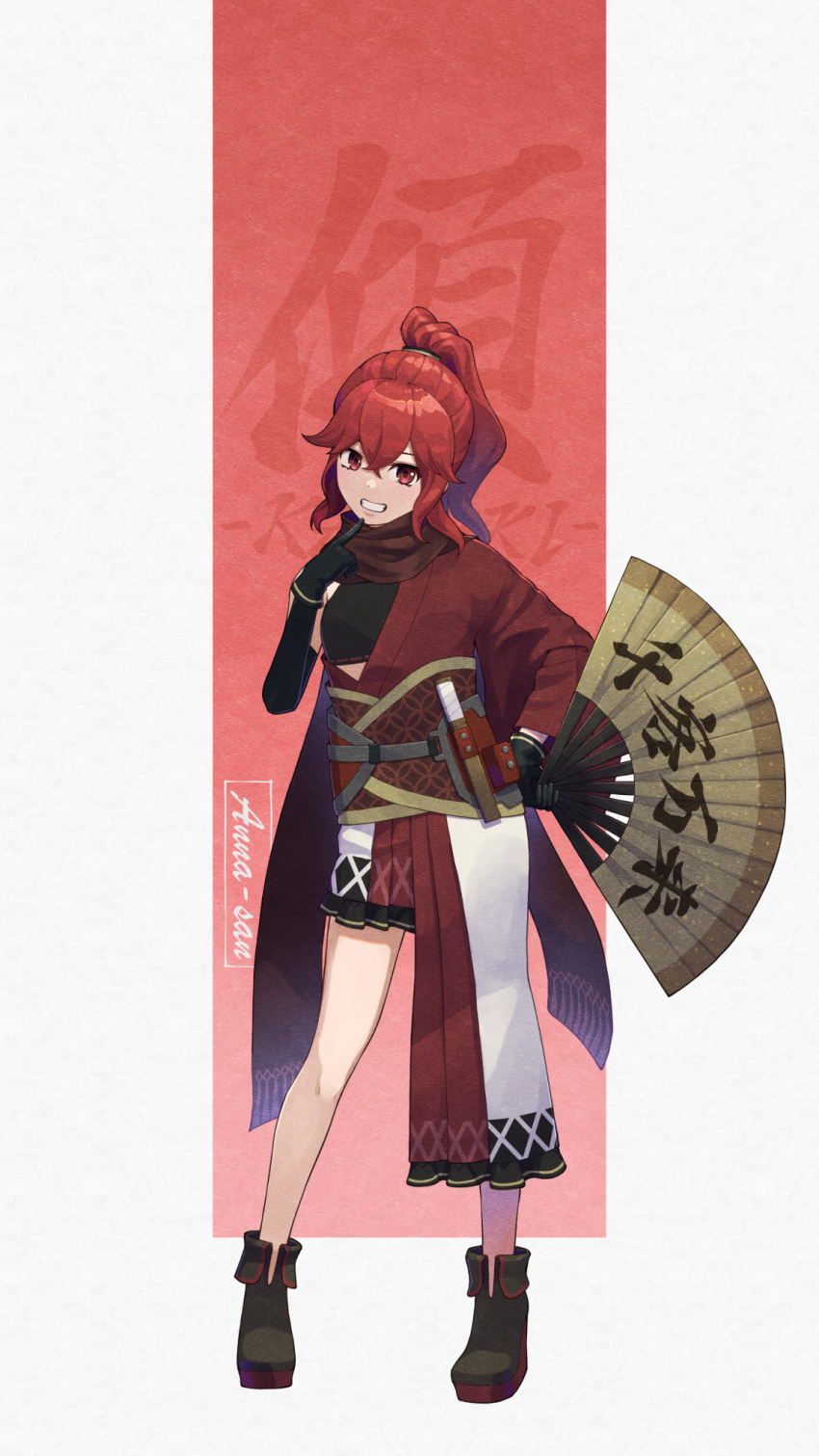 1girl alternate_costume anna_(fire_emblem) anna_(fire_emblem_engage) black_gloves commentary crossed_bangs elbow_gloves english_commentary fire_emblem fire_emblem_engage folding_fan full_body gloves hair_between_eyes hand_fan hand_on_own_hip high_ponytail highres holding holding_fan medium_hair nintendo ponytail print_folding_fan red_background red_eyes smile solo standing two-tone_background white_background yonaga_nagaduki