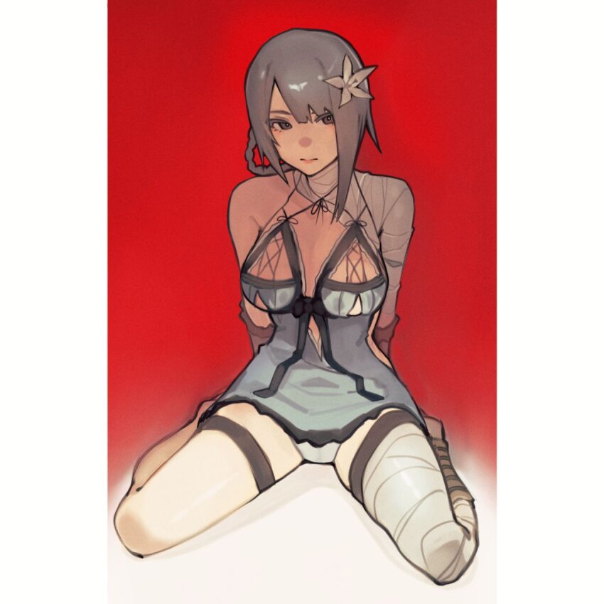 1girl arms_behind_back backless_outfit bandaged_arm bandaged_leg bandaged_neck bandages barefoot black_bow blue_dress blue_negligee bow braid braided_hair_rings breast_focus breasts cleavage cleavage_cutout clothing_cutout colored_eyelashes cross-laced_clothes dress flower grey_eyes grey_hair hair_flower hair_ornament hair_rings highres ice_calm kaine_(nier) large_breasts lingerie long_hair lunar_tear negligee nier_(series) pink_lips revealing_clothes shin_strap simple_background single_bare_shoulder sitting skindentation solo thigh_strap thighs underboob_cutout underwear wariza