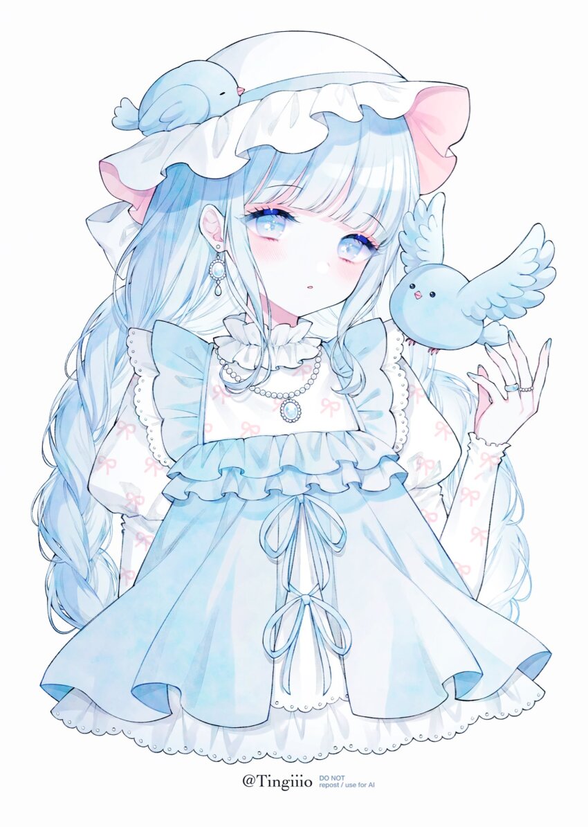 1girl animal animal_on_head bird bird_on_head blue_bird blue_eyes blue_hair blue_nails blue_ribbon blue_vest blush commentary cropped_torso earrings eyelashes frills hand_up hat hat_ribbon highres jewelry juliet_sleeves long_hair long_sleeves mob_cap necklace on_head original parted_lips puffy_sleeves ribbon ribbon_print ring shirt simple_background solo symbol-only_commentary tareme ting_(tingiiio) vest white_background white_hat white_shirt