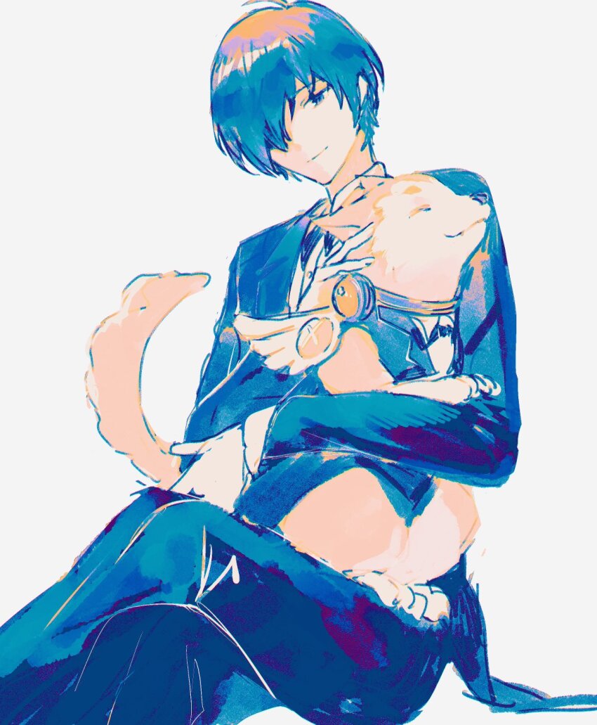 1boy animal blue_eyes blue_pants closed_eyes crossed_legs dog fake_wings gekkoukan_high_school_uniform hair_behind_ear hair_over_one_eye hand_on_another&#039;s_head highres iwasinogomaae koromaru_(persona) limited_palette looking_at_another male_focus on_lap one_eye_covered pants persona persona_3 petting school_uniform simple_background smile vest white_background wings yuuki_makoto_(persona_3)