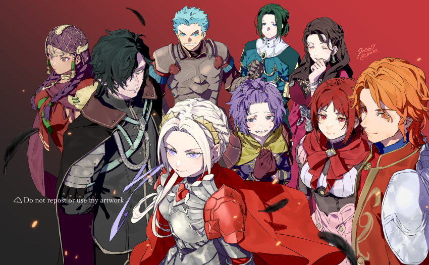 &gt;:) 4boys 5girls 91007 aqua_eyes aqua_hair armor artist_name bangs_pinned_back bernadetta_von_varley black_cloak black_feathers black_hair bracelet braid breasts brown_hair cape caspar_von_bergliez choker cloak closed_eyes closed_mouth commentary_request curtained_hair dark-skinned_female dark_skin dorothea_arnault earrings edelgard_von_hresvelg feathers ferdinand_von_aegir fire_emblem fire_emblem:_three_houses fire_emblem_warriors:_three_hopes gloves gradient_background green_hair hands_on_own_chest highres hubert_von_vestra jewelry linhardt_von_hevring long_hair looking_afar medium_breasts monica_von_ochs multiple_boys multiple_girls nervous_smile nintendo official_alternate_costume official_alternate_hairstyle orange_eyes orange_hair parted_bangs petra_macneary purple_eyes purple_hair red_background red_cape red_eyes red_hair short_hair shoulder_armor smile twin_braids twitter_username upper_body v-shaped_eyebrows watermark white_hair yellow_eyes