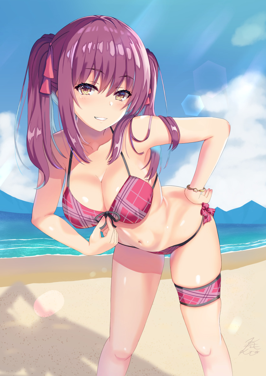 1girl absurdres amasawa_ichika bare_shoulders beach bent_over bikini bracelet breasts cleavage cloud cloudy_sky collarbone cowboy_shot highres jewelry kaneki_yushi large_breasts leaning_forward light_blush light_rays looking_at_viewer navel ocean purple_eyes signature sky smile solo swimsuit thigh_strap twintails upper_body yellow_eyes youkoso_jitsuryoku_shijou_shugi_no_kyoushitsu_e
