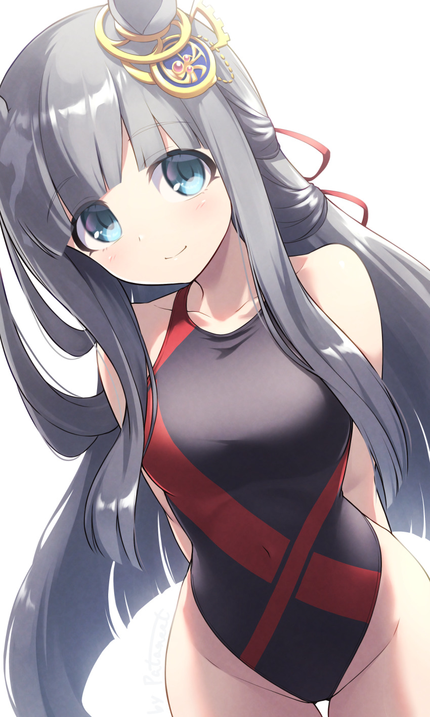 1girl animal_ears arms_behind_back black_one-piece_swimsuit blush breasts chrono_genesis_(umamusume) closed_mouth collarbone commentary_request competition_swimsuit covered_navel cowboy_shot grey_hair hair_between_eyes hair_ornament highleg highres horse_ears horse_girl long_hair looking_at_viewer one-piece_swimsuit pataneet small_breasts solo swimsuit umamusume white_background