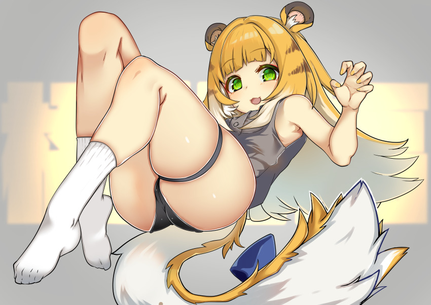 1girl absurdres animal_ears ass black_panties blonde_hair bow cameltoe commentary_request green_eyes grey_shirt highres johnny_(braun-kan_cafe) ju_fufu legs loli long_hair looking_at_viewer open_mouth panties shirt smile socks solo tail tail_bow tail_ornament thigh_strap thighs tiger_ears tiger_girl tiger_tail underwear white_socks zenless_zone_zero