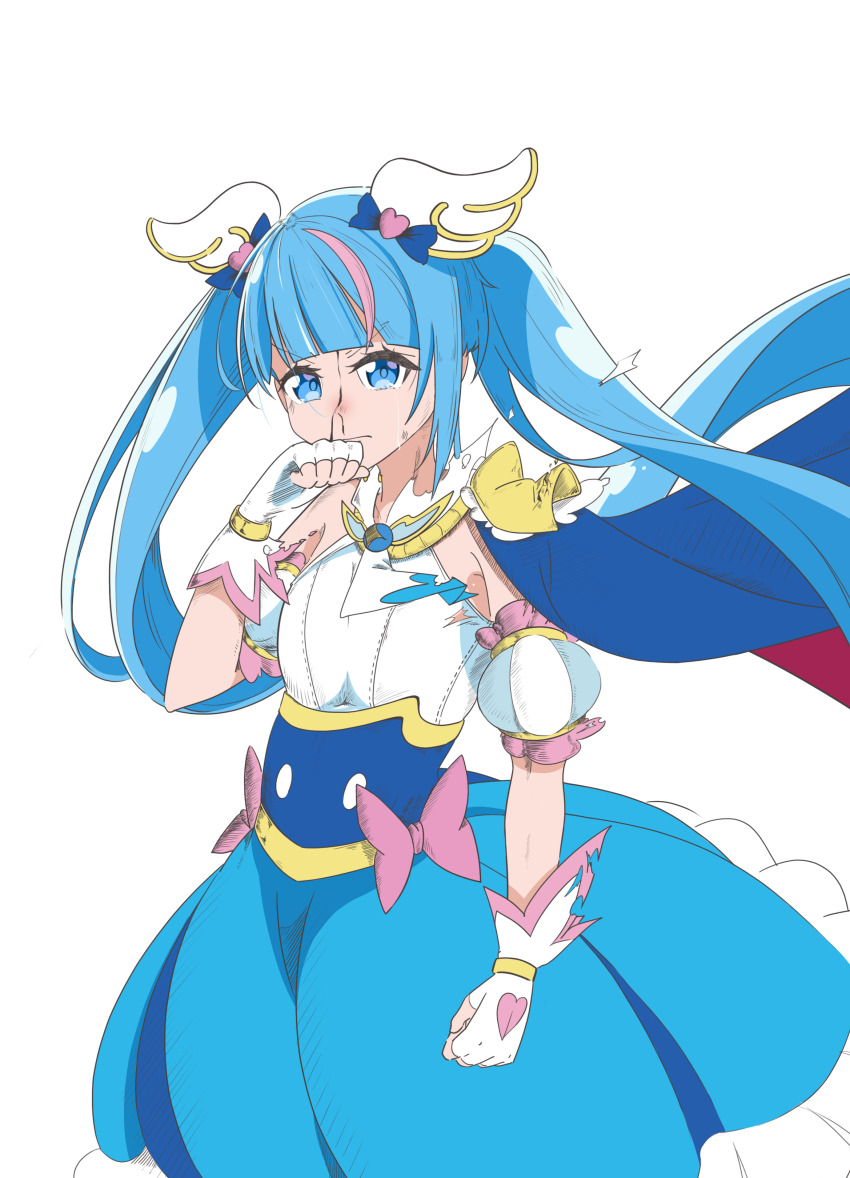 1girl absurdres blood blood_on_face blue_cape blue_dress blue_eyes blue_hair bow brooch cape closed_mouth commentary cowboy_shot cure_sky cut_bangs detached_sleeves dress dress_bow fingerless_gloves frilled_dress frills frown gloves hair_ornament highres hirogaru_sky!_precure jewelry long_hair looking_at_viewer magical_girl medium_dress multicolored_hair pink_bow pink_hair precure puffy_detached_sleeves puffy_sleeves red_cape simple_background single_sidelock sleeveless sleeveless_dress solo sonzaikan_null sora_harewataru standing streaked_hair tearing_up tears torn_clothes twintails two-sided_cape two-sided_fabric two-tone_dress two-tone_hair very_long_hair white_background white_dress white_gloves wind wing_brooch wing_hair_ornament wiping_face