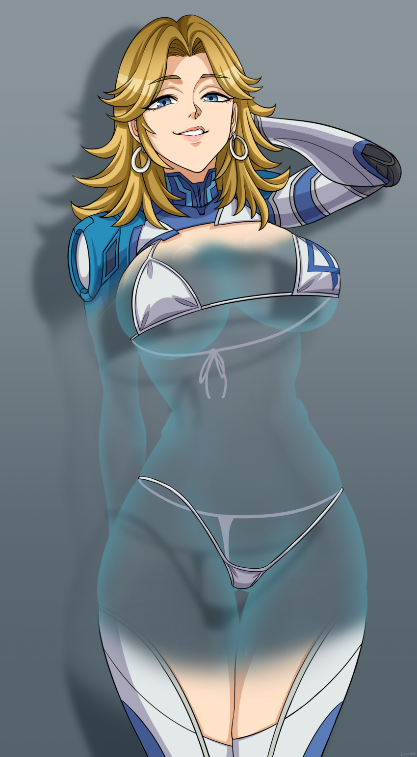 1girl absurdres arm_behind_back arm_up bikini blonde_hair blue_eyes breasts cowboy_shot earrings fantastic_four grey_background hair_intakes highres hoop_earrings invisible jewelry kimleon large_breasts long_hair looking_at_viewer marvel marvel_rivals parted_lips see-through_body shrug_(clothing) solo sue_storm swimsuit thighs white_bikini