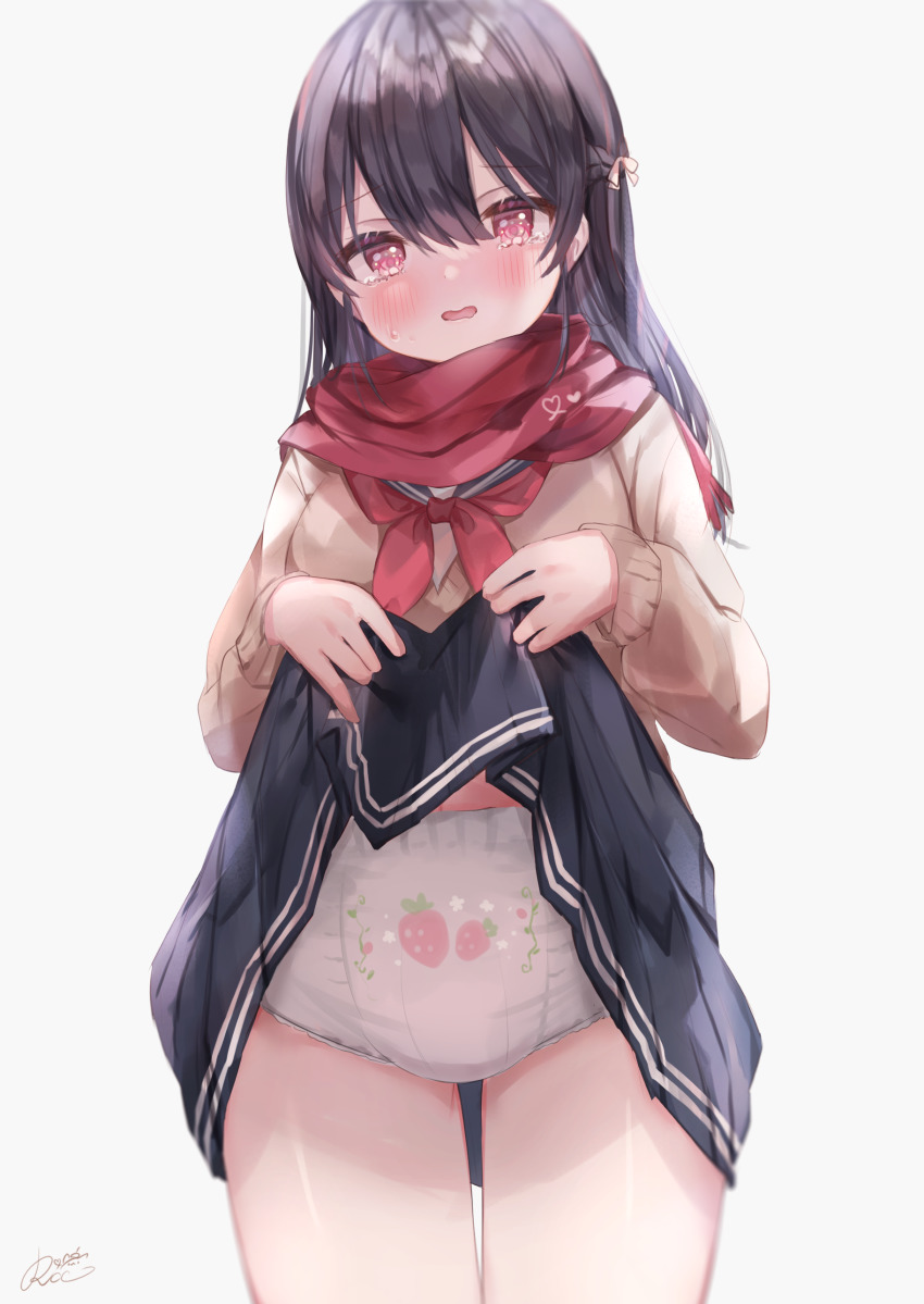 1girl absurdres bad_id bad_pixiv_id black_hair blush braid clothes_lift diaper hair_between_eyes highres lifting_own_clothes long_hair looking_at_viewer midriff navel open_mouth original peeing red_eyes red_scarf rucaco scarf school_uniform serafuku sidelocks signature simple_background skirt skirt_lift solo standing teardrop tearing_up tears thighs white_background