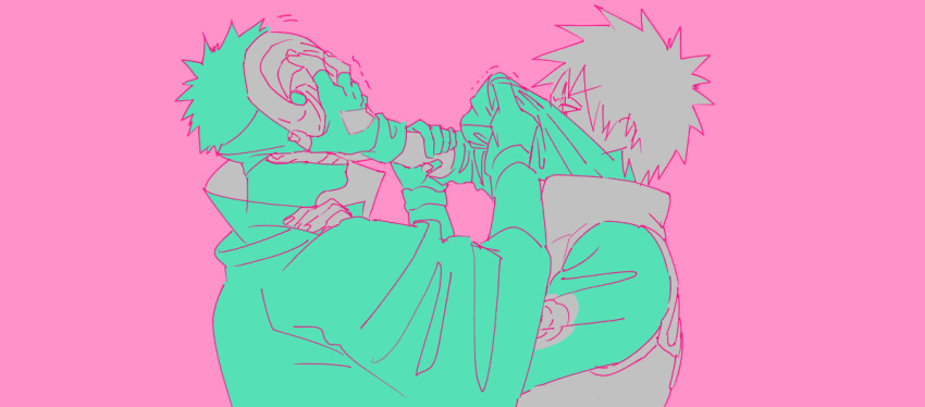 2boys clothes_grab fingerless_gloves gloves hatake_kakashi high_collar long_sleeves looking_at_another male_focus mask mouth_mask multiple_boys naruto_(series) naruto_shippuuden obobkkp short_hair spiked_hair tobi_(naruto) uchiha_obito vest