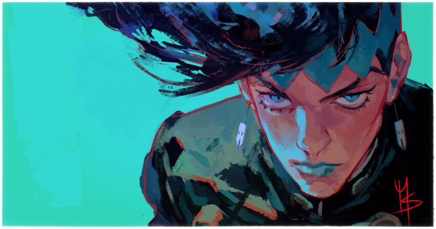 1boy aqua_eyes earrings faux_traditional_media green_background green_gakuran green_lips hashtag-only_commentary headband highres jewelry jojo_no_kimyou_na_bouken kishibe_rohan kishibe_rohan_wa_ugokanai male_focus pen_nib pompadour portrait short_hair signature simple_background solo whitehogiii