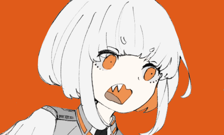 augustin_tea collared_jacket colored_inner_hair fangs highres jacket japan_railways jr_east_e233_series long_sleeves multicolored_hair netflix open_mouth orange_background orange_eyes orange_hair personification short_eyebrows white_hair