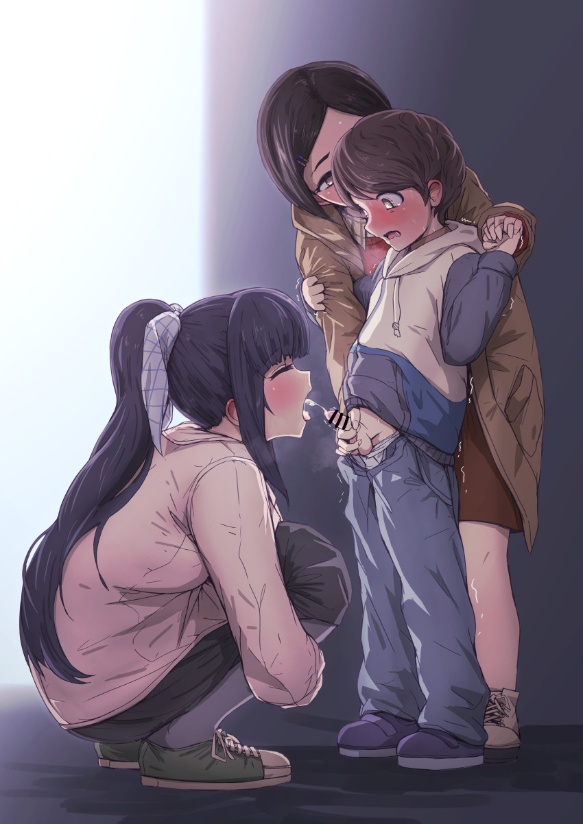 1boy 2girls absurdres age_difference arm_grab bar_censor black_hair blue_hair blurry blush bow breasts_on_lap brown_eyes brown_hair censored charybdo clothes_grab clothes_pull converse cum cum_in_mouth depth_of_field ear_blush ejaculation fellatio femdom ffm_threesome foreshortening from_side full_body group_sex hair_bow hair_ornament hair_ribbon hairclip handjob heavy_breathing highres holding_hands huge_filesize hugging_own_legs idolmaster idolmaster_cinderella_girls interlocked_fingers jacket jacket_grab long_hair male_orgasm matsuo_chizuru mizuno_midori multiple_girls nose_blush onee-shota open_mouth oral orgasm parted_bangs penis ponytail rape reach-around restrained ribbon short_hair shota size_difference small_penis squatting standing swept_bangs teenage_girl_and_younger_boy testicles threesome tomawarinosuizou trembling wavy_mouth