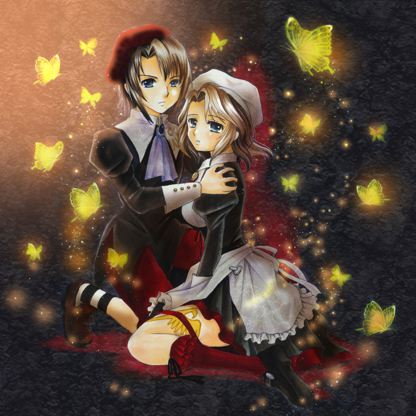 1boy 1girl bad_id bad_pixiv_id beret black_hair blue_eyes bug butterfly frilled_kneehighs gintarou_(puipuiginta) hat highres insect kanon_(umineko) kneehighs maid parted_bangs shannon_(umineko) socks umineko_no_naku_koro_ni