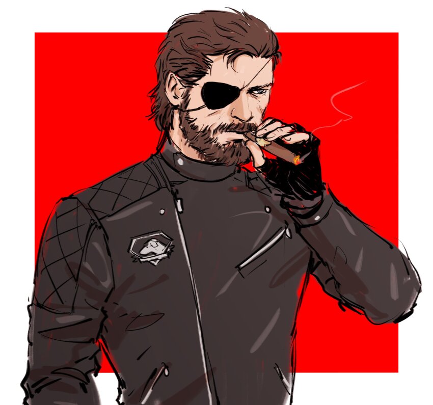 1boy beard black_gloves black_jacket border brown_hair cigar connected_beard diamond_dogs donlemefo eyepatch facial_hair fingernails gloves hashtag-only_commentary highres holding holding_cigar jacket long_sleeves male_focus mature_male metal_gear_(series) metal_gear_solid_v:_the_phantom_pain smoke smoke_trail smoking solo upper_body venom_snake white_border