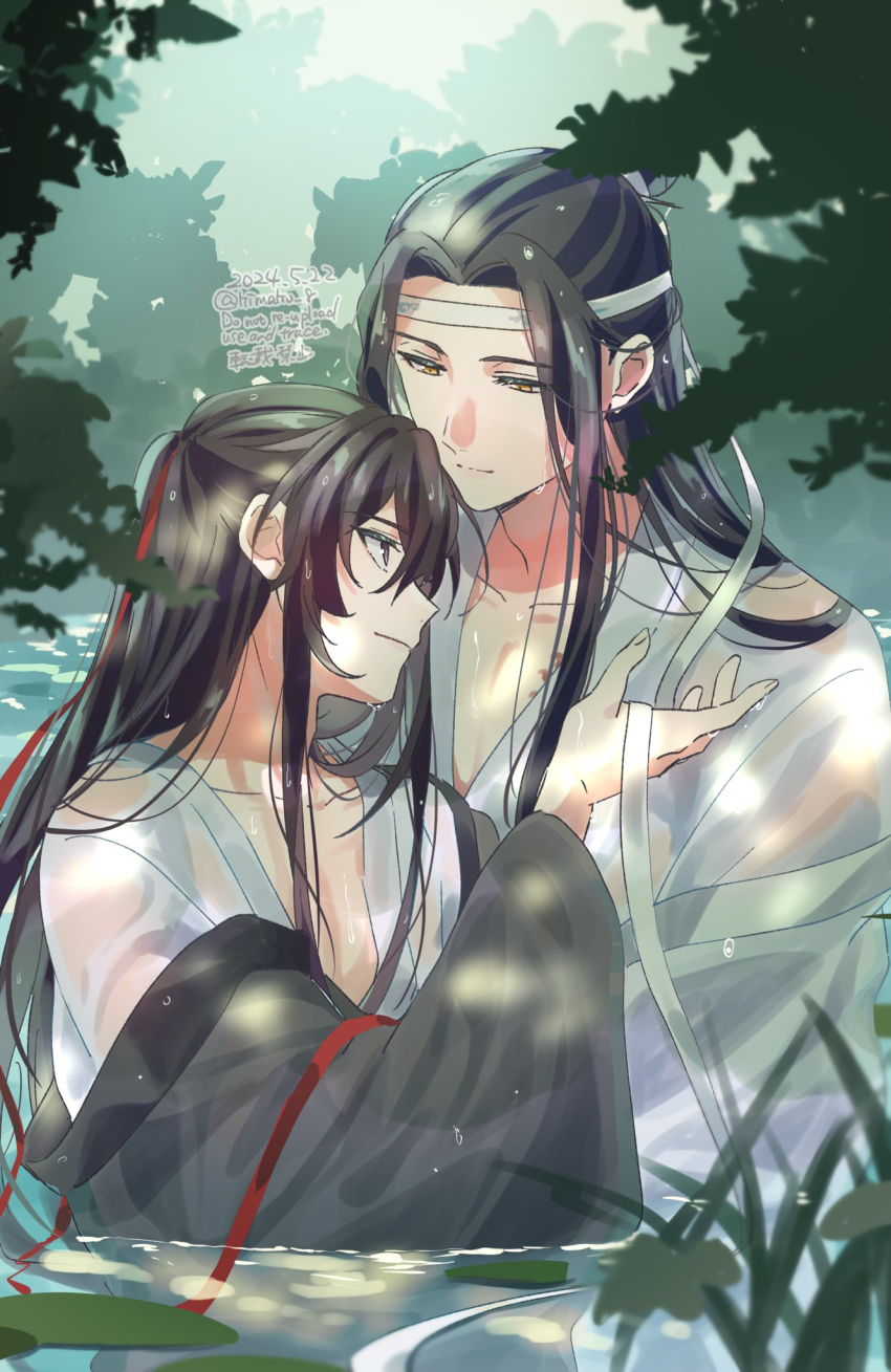 2boys alternate_costume bishounen black_coat black_hair chinese_clothes closed_mouth coat coat_partially_removed collarbone dappled_sunlight dated eye_contact grass hair_down hair_ribbon half_updo hanfu headband height_difference highres kimako_(kimako_8) lan_wangji long_hair long_sleeves looking_at_another lotus_leaf male_focus modao_zushi multiple_boys nature off_shoulder official_alternate_hairstyle outdoors partially_submerged pectoral_cleavage pectorals plant ponytail profile purple_eyes red_ribbon ribbon robe sidelocks smile standing sunlight topknot tree twitter_username upper_body wading water watermark wei_wuxian wei_wuxian_(yiling_laozu) wet wet_clothes wet_hair white_hanfu white_headband wide_sleeves yaoi yellow_eyes
