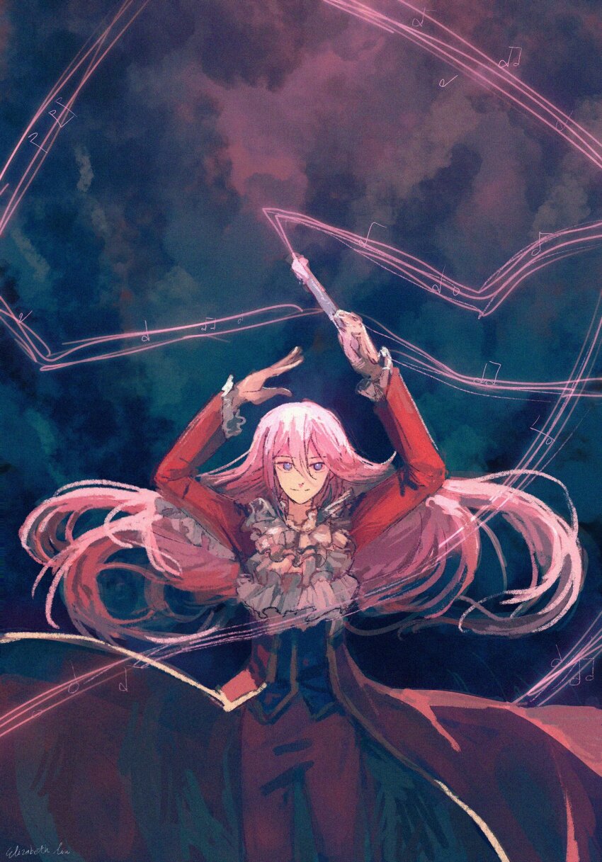 1boy arms_up ascot blue_eyes classicaloid closed_mouth coat conductor conductor_baton grey_background hair_between_eyes highres holding_baton long_hair lzhm1997 male_focus musical_staff pants pink_hair red_coat red_pants signature very_long_hair white_ascot wolfgang_amadeus_mozart_(classicaloid)