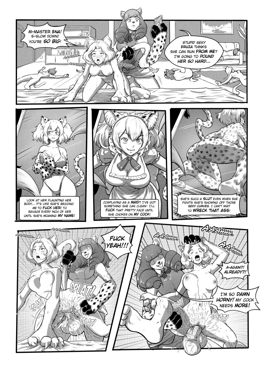 1futa 5girls absurdres animal_ears ass bed bikini blush breasts cat_ears cheetah_girl cleavage english_text furry furry_female futa_with_female futanari haibuchi_ena highres hyena_ears hyena_girl indoors killing_bites large_breasts maid_headdress medium_breasts monochrome multiple_girls nakanishi_eruza navel nipples on_bed pussy pussy_juice rabarsel sex swimsuit testicles tongue tongue_out vaginal