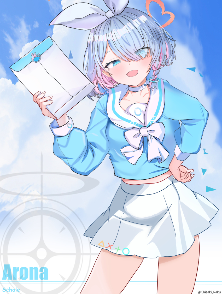 1girl :d absurdres arona_(blue_archive) blue_archive blue_eyes blue_hair blue_shirt blush bow bowtie braid character_name chisaka_raku choker colored_inner_hair commentary_request eyes_visible_through_hair gacha_(game_mechanic) hair_bow hair_over_one_eye halo hand_on_own_hip hand_up heart heart_halo highres holding holding_letter letter long_bangs long_sleeves looking_at_viewer midriff miniskirt multicolored_hair open_mouth pink_hair pink_halo pleated_skirt puffy_long_sleeves puffy_sleeves sailor_collar school_uniform serafuku shirt short_hair simple_background single_braid skirt smile smug solo twitter_username two-tone_hair white_bow white_bowtie white_choker white_sailor_collar white_skirt