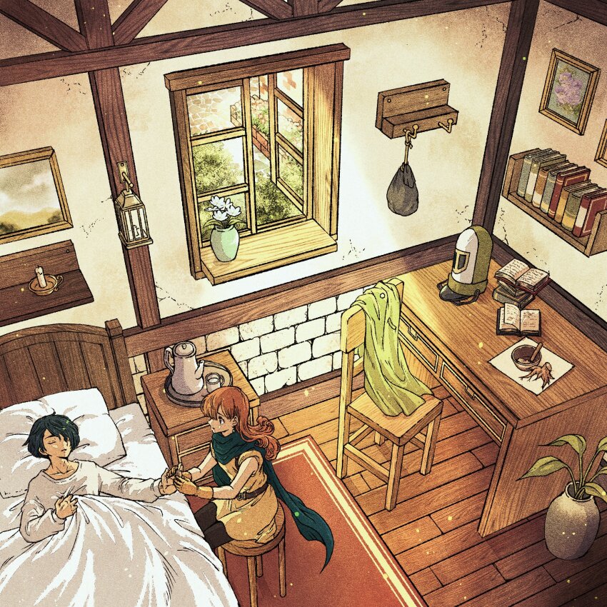1boy 1girl alena_(dq4) black_pants blanket blue_cloak blue_hair book brick_wall clenched_hand clift cloak closed_eyes cup desk dragon_quest dragon_quest_iv gloves hair_between_eyes hand_on_own_chest hat highres holding_hands long_hair long_sleeves mitre on_bed open_window orange_hair pants pillow plant potted_plant shirt short_hair sleeping teacup teapot toriga tunic under_covers unworn_hat unworn_headwear vase white_shirt window wooden_floor yellow_tunic