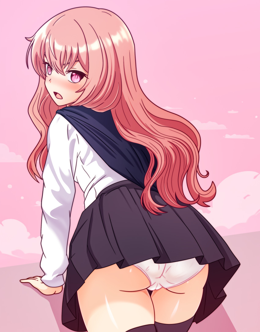 1girl absurdres ass black_skirt capelet dullahan_(alekey_art) embarrassed from_behind highres long_hair looking_back louise_francoise_le_blanc_de_la_valliere panties pantyshot pink_eyes pink_hair pink_panties school_uniform shirt skirt solo thighs underwear white_shirt zero_no_tsukaima