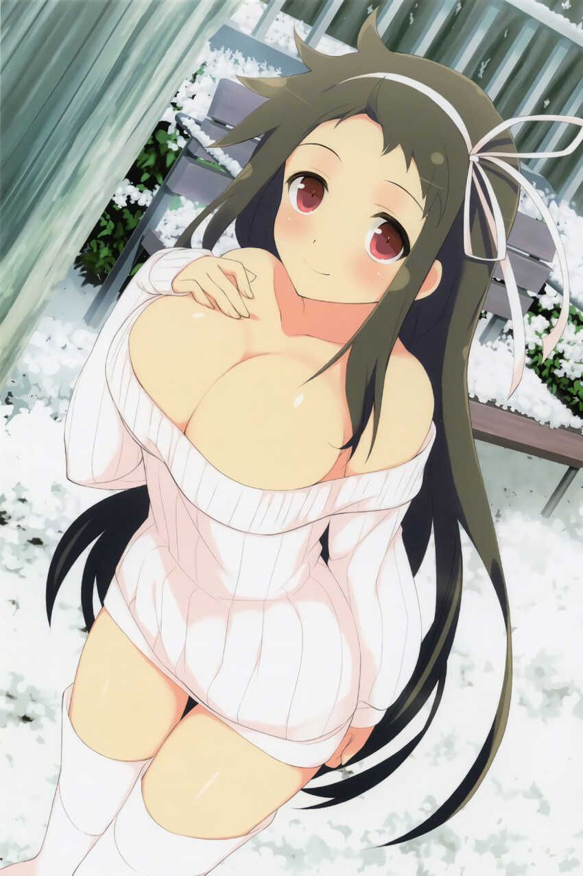 1girl ayame_(senran_kagura) bare_shoulders bench black_hair blush bow breasts bush cleavage collarbone hair_bow hair_ribbon hand_on_own_chest highres large_breasts long_hair long_sleeves looking_at_viewer red_eyes ribbon senran_kagura skirt smile snow solo standing sweater thighhighs tree white_skirt white_sweater white_thighhighs