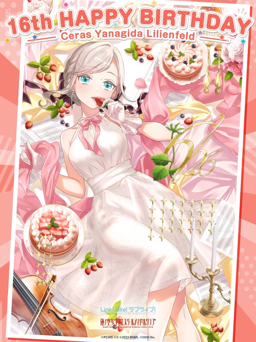 1girl bare_shoulders blue_eyes blueberry bow_(music) breasts cake candelabra candle candlestand ceras_yanagida_lilienfeld ceras_yanagida_lilienfeld_(16th_birthday) cup dated dress feet_out_of_frame flower food fork frilled_gloves frills fruit game_cg gloves grey_hair highres holding holding_food holding_fruit instrument large_breasts link!_like!_love_live! looking_at_viewer love_live! medium_dress official_alternate_costume official_art parted_lips pink_flower pink_rose rose saucer sheet_music short_hair sidelocks sideways sleeveless sleeveless_dress solo strawberry table_knife teacup teapot violin virtual_youtuber white_dress white_flower white_gloves white_rose