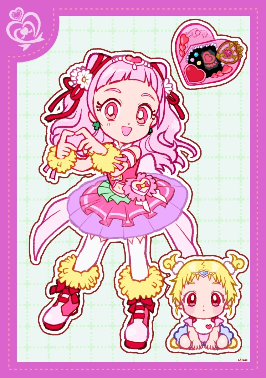 2girls baby back_bow bare_shoulders beads bib blonde_hair blunt_bangs boots border bow bright_pupils clover_earrings collared_shirt crop_top cure_yell curly_hair daisy_(flower) deformed detached_sleeves dot_nose dotted_line double_bun eyelashes flower footwear_bow forehead four-leaf_clover_earrings frilled_skirt frills full_body fur-trimmed_boots fur_trim grey_background grid_background hair_beads hair_bun hair_flower hair_ornament hair_ribbon hair_scrunchie happy heart heart_hair_ornament heart_hands heart_print high_heel_boots high_heels highres hug-tan_(precure) hugtto!_precure light_blush long_hair looking_at_viewer magical_girl makeup mascara midriff miniskirt multiple_girls navel nono_hana onesie open_mouth outline pink_boots pink_bow pink_eyes pink_hair pink_shirt pink_skirt pink_sleeves precure purple_border red_bow red_ribbon ribbon scrunchie shirt short_hair short_sleeves signature skirt smile tareme thighhighs uwded_207 wavy_hair white_flower white_outline white_pupils white_scrunchie white_thighhighs wrist_cuffs wrist_ribbon yellow_wrist_cuffs
