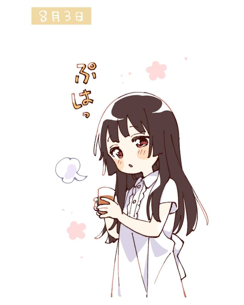 1girl :o black_hair blunt_bangs blush_stickers collared_dress cropped_torso cup dress drinking_glass hashtag-only_commentary highres holding holding_cup long_hair looking_at_viewer matsumoto_rise namori parted_lips puff_of_air red_eyes short_sleeves simple_background solo translation_request white_background white_dress yuru_yuri