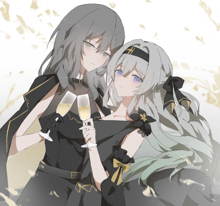2girls belt black_belt black_dress black_gloves black_hairband blue_pupils blush cup dress drinking_glass firefly_(honkai:_star_rail) gloves gradient_eyes gradient_hair grey_hair hair_between_eyes hair_intakes hair_ribbon hairband highres holding holding_cup honkai:_star_rail honkai_(series) jacket jacket_on_shoulders light_smile long_hair minutes_(minutes_draw) multicolored_eyes multicolored_hair multiple_girls ribbon stelle_(honkai:_star_rail) trailblazer_(honkai:_star_rail) wine_glass yellow_eyes