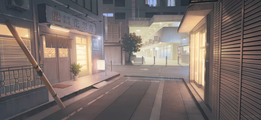 alley building commentary_request door fluorescent_lamp highres manhole_cover no_humans original outdoors plant potted_plant restaurant road scenery sign tounami tree window_blinds