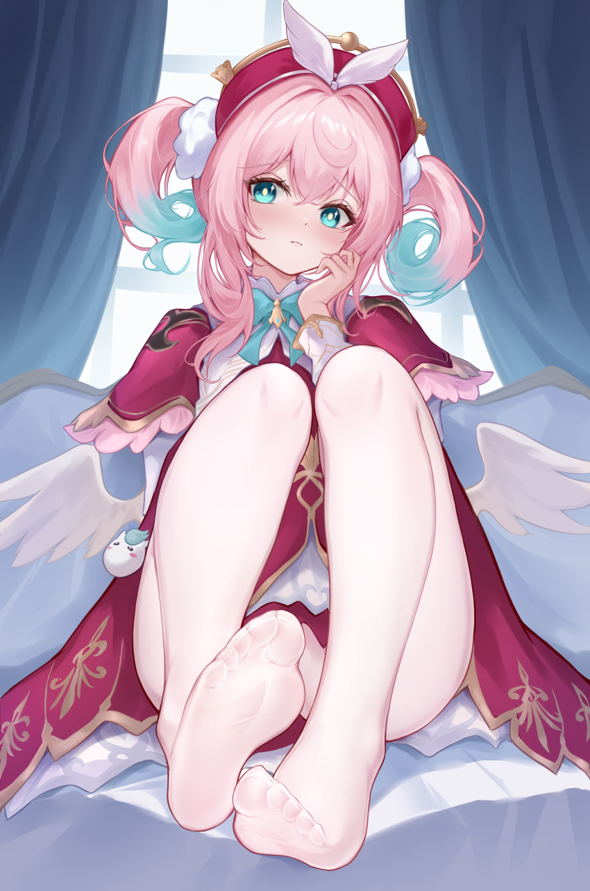 1girl absurdres aqua_bow aqua_bowtie aqua_eyes aqua_hair blush bow bowtie closed_mouth commentary_request couch crossed_bangs curtains dress feet foot_focus foreshortening full_body gold_trim gradient_hair hair_between_eyes hand_on_own_cheek hand_on_own_face hand_up hat highres honkai:_star_rail honkai_(series) hyacine_(honkai:_star_rail) indoors knees_up layered_dress little_ica_(honkai:_star_rail) long_hair long_sleeves looking_at_viewer low_wings multicolored_hair negi_kome on_couch pantyhose pink_dress pink_hair presenting_foot sidelocks sitting soles solo thighs toes twintails white_pantyhose white_wings window wings
