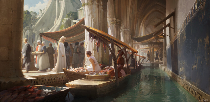 6+boys 6+girls absurdres boat canal city crowd dress fish headscarf highres market market_stall multiple_boys multiple_girls numenor official_art renart rings_of_power scenery tolkien&#039;s_legendarium tunic water watercraft watermark white_dress