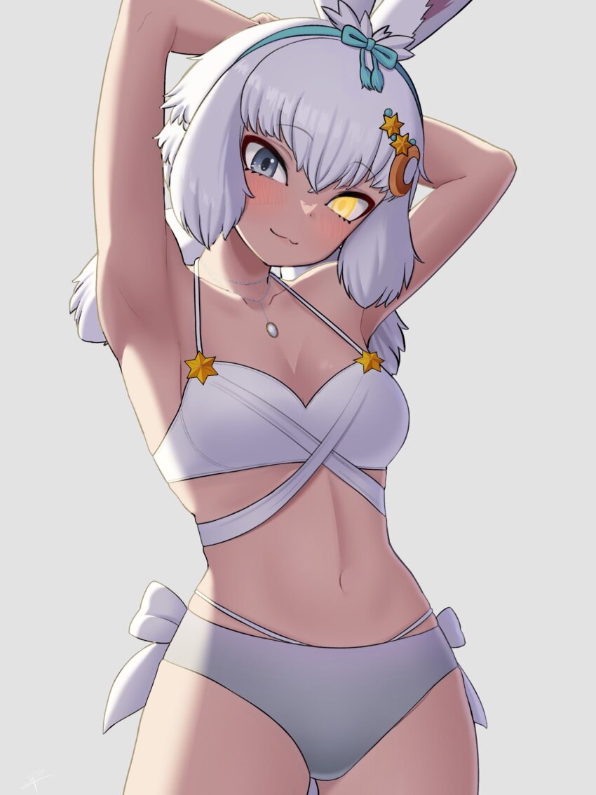 1girl :3 animal_ear_fluff animal_ears armpits arms_behind_head arms_up bare_arms bikini blue_hairband breasts cleavage collarbone commentary cowboy_shot crescent crescent_hair_ornament deku_suke glowing glowing_eye grey_background grey_eyes hair_between_eyes hair_ornament hairband head_tilt heterochromia highres jewelry kemono_friends long_hair low_twintails medium_breasts midriff navel necklace rabbit_ears rabbit_girl simple_background smile solo star_(symbol) star_hair_ornament swimsuit tsukuyomi_shinshi_(kemono_friends) twintails white_bikini white_hair yellow_eyes