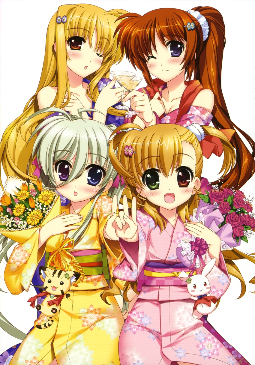 10s 4girls :3 :d :o ;o absurdres asteion blonde_hair blue_eyes blush blush_stickers bouquet bow breasts brown_hair rabbit cat cleavage drink einhard_stratos fate_testarossa flower fujima_takuya green_eyes green_hair highres japanese_clothes kimono long_hair lyrical_nanoha mahou_shoujo_lyrical_nanoha mahou_shoujo_lyrical_nanoha_vivid multiple_girls off_shoulder official_art one_eye_closed open_mouth purple_eyes red_eyes ribbon sacred_heart scan scarf side_ponytail smile takamachi_nanoha v vivio wink yuri