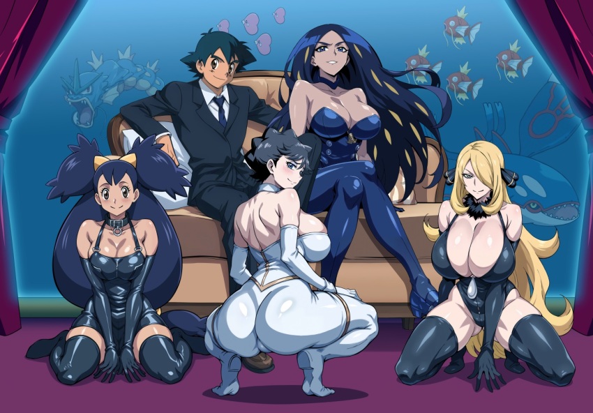 1boy 4girls ash_ketchum ass bare_shoulders bdsm black_hair blonde_hair blue_eyes blue_hair bondage bondage_outfit boots bound breasts brown_hair business_suit cleavage collarbone couch crossed_legs curtains cynthia_(pokemon) dark-skinned_female dark_skin diantha_(pokemon) double_bun dress formal_clothes game_freak geeta_(pokemon) gen_1_pokemon gen_3_pokemon gloves grey_eyes gyarados hair_bun hair_over_one_eye harem high_heel_boots high_heels iris_(pokemon) kyogre large_breasts latex latex_gloves latex_legwear legendary_pokemon long_hair looking_at_viewer looking_back luvdisc magikarp multicolored_hair multiple_girls necktie nintendo open_mouth pokemon pokemon_(creature) purple_hair short_hair sitting smile squatting suit yxyyxy