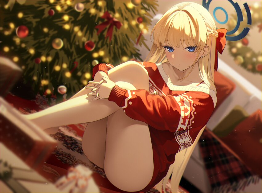 1girl absurdres ass ayoni_623 bare_legs bare_shoulders blonde_hair blue_archive blue_eyes blue_halo blurry blush bow braid christmas_sweater christmas_tree christmas_wreath depth_of_field earrings gift hair_bow halo hashtag-only_commentary highres indoors interlocked_fingers jewelry knees_up long_hair looking_at_viewer own_hands_together red_bow red_sweater sitting solo stud_earrings sweater toki_(blue_archive) wreath