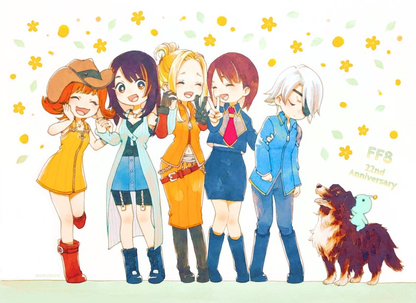 5girls alien angelo_(ff8) askalpone belt black_footwear black_hair black_shorts blonde_hair blue_cardigan blue_footwear blue_jacket blue_legwear blue_skirt boots brown_hair cardigan closed_eyes cowboy_hat dog eyepatch final_fantasy final_fantasy_viii full_body fuujin_(ff8) gloves hat highres holding_hands jacket multiple_girls necktie orange_skirt orange_vest overalls pupu_(ff8) quistis_trepe red_footwear red_hair rinoa_heartilly school_uniform selphie_tilmitt shorts skirt standing v vest white_background white_hair yellow_overalls