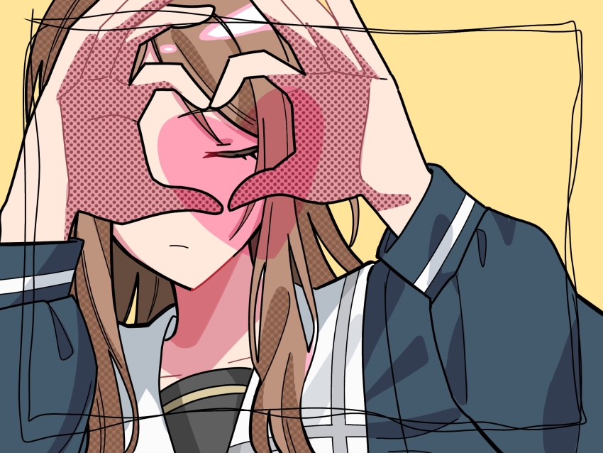 1girl bang_dream! bang_dream!_it&#039;s_mygo!!!!! blue_shirt brown_hair closed_eyes closed_mouth collarbone commentary_request heart heart_hands heart_hands_over_eye highres long_hair long_sleeves nagasaki_soyo nanami_(nunnun_0410) sailor_collar school_uniform shirt sidelocks solo tsukinomori_school_uniform upper_body white_sailor_collar yellow_background