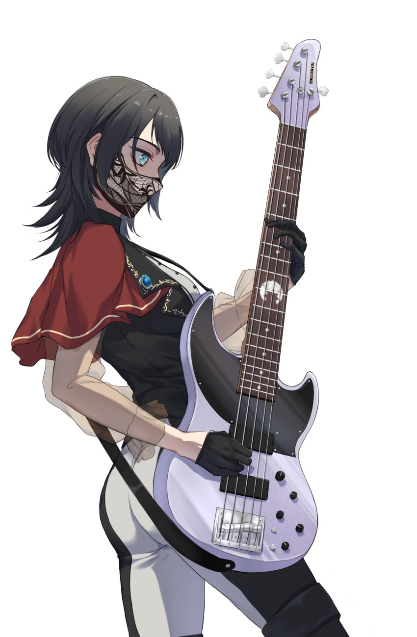 1girl 5-string_bass_guitar ass bang_dream! bang_dream!_it&#039;s_mygo!!!!! black_gloves black_hair black_mask black_pantyhose black_vest blue_eyes commentary bass_guitar english_commentary gloves highres mask medium_hair miyamu mouth_mask panties pants pantyhose see-through_clothes see-through_sleeves solo timoris_(bang_dream!) two-tone_pants underwear variant_set vest white_panties yahata_umiri