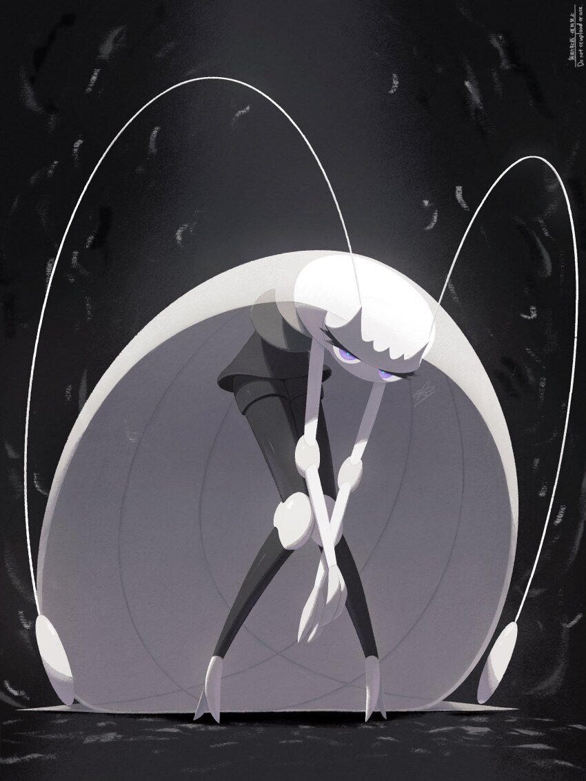 1girl absurdres alternate_color antennae black_background blue_pupils cockroach_girl commentary ewokakukaede gen_7_pokemon highres joints long_hair nintendo pheromosa pokemon pokemon_(creature) purple_eyes shiny_pokemon signature solo symbol-only_commentary ultra_beast very_long_hair