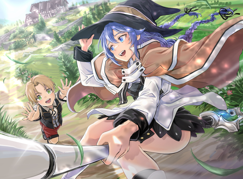 1boy 1girl arms_up black_skirt black_vest blue_eyes blue_hair braid brown_cape brown_cloak cape cloak field flying foreshortening green_hair hat highres holding holding_staff house kirin_13 large_hat long_braid long_sleeves looking_at_another mage_staff miniskirt mushoku_tensei open_mouth outdoors parted_lips pleated_skirt red_shorts road roxy_migurdia rudeus_greyrat running short_hair shorts sitting skirt staff staff_riding thighs twin_braids vest witch witch_hat yellow_eyes
