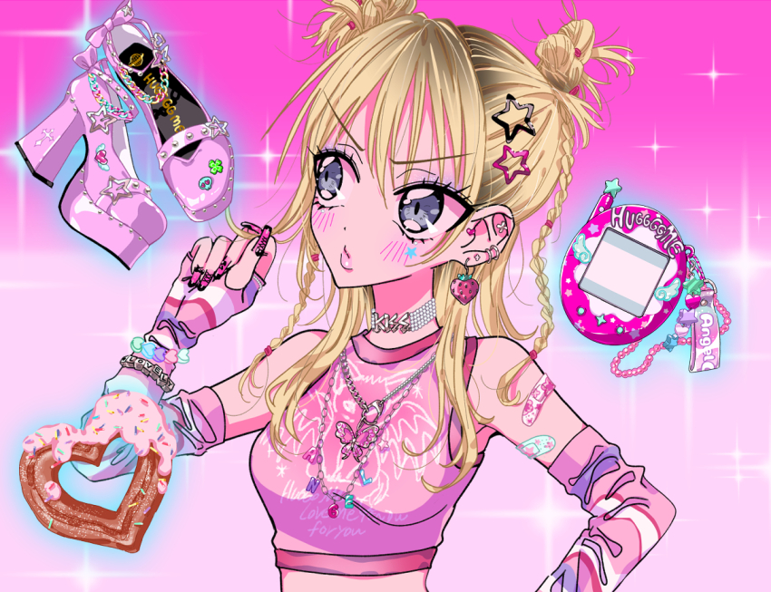 1girl arm_warmers bandaid blonde_hair blush braid breasts charm_(object) commentary_request crop_top donut double_bun food grey_eyes gyaru hair_bun hair_ornament hairclip heart heart-shaped_donut heart-shaped_food high_heels himitsu_(iemaki) jewelry lips medium_breasts midriff necklace original pink_shirt pink_theme pout shirt solo sparkle star_(symbol) star_hair_ornament tamagotchi tamagotchi_(virtual_pet) tamagotchi_plus two_side_up upper_body virtual_pet_(toy) y2k_fashion