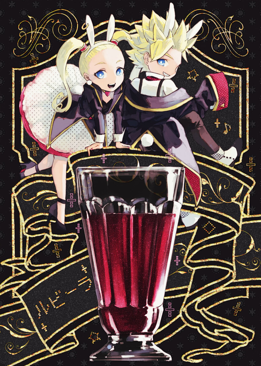 1boy 1girl absurdres alternate_costume animal_ear_hairband animal_ears black_jacket black_pants black_shoes blonde_hair blue_eyes bright_pupils choker christian_louboutin_(brand) commentary_request cup dragon_quest dragon_quest_builders_2 drink drinking_glass earrings fake_animal_ears fake_tail female_builder_(dqb2) gold_trim grin hair_pulled_back hairband heart heart_choker high_heels highres jacket jacket_partially_removed jewelry leotard looking_at_viewer looking_back male_builder_(dqb2) open_mouth pants playboy_bunny profile rabbit_tail shirt shoes short_hair sitting skirt smile spiked_hair suspenders tail teeth translation_request tutu twintails white_hairband white_pupils white_shirt white_skirt yamiko_(black-g-d-s)