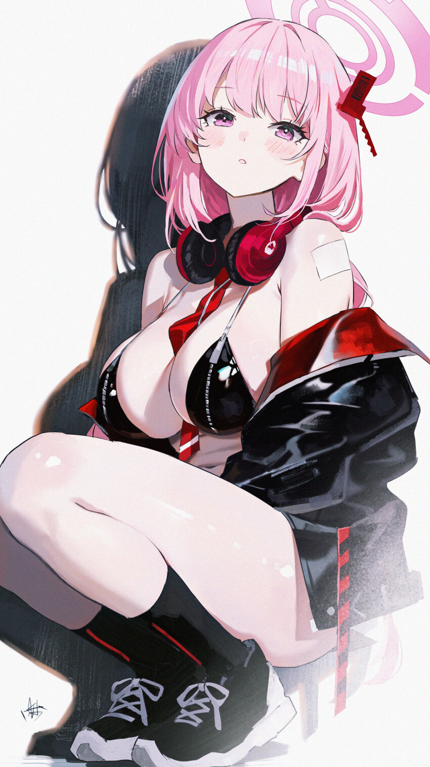 1girl absurdres bandaid bandaid_on_shoulder barcode bare_shoulders between_breasts bikini black_bikini black_jacket black_shoes black_socks blue_archive blush breast_zipper breasts commentary eimi_(blue_archive) hair_ornament halo headphones headphones_around_neck highres jacket large_breasts long_hair long_sleeves looking_at_viewer maria_(maria_rose) multicolored_jacket navel necktie necktie_between_breasts patch pink_eyes pink_hair pink_halo red_jacket red_necktie shoes sneakers socks solo squatting stomach swimsuit thighs two-sided_fabric two-sided_jacket two-tone_jacket zipper_bikini zipper_pull_tab