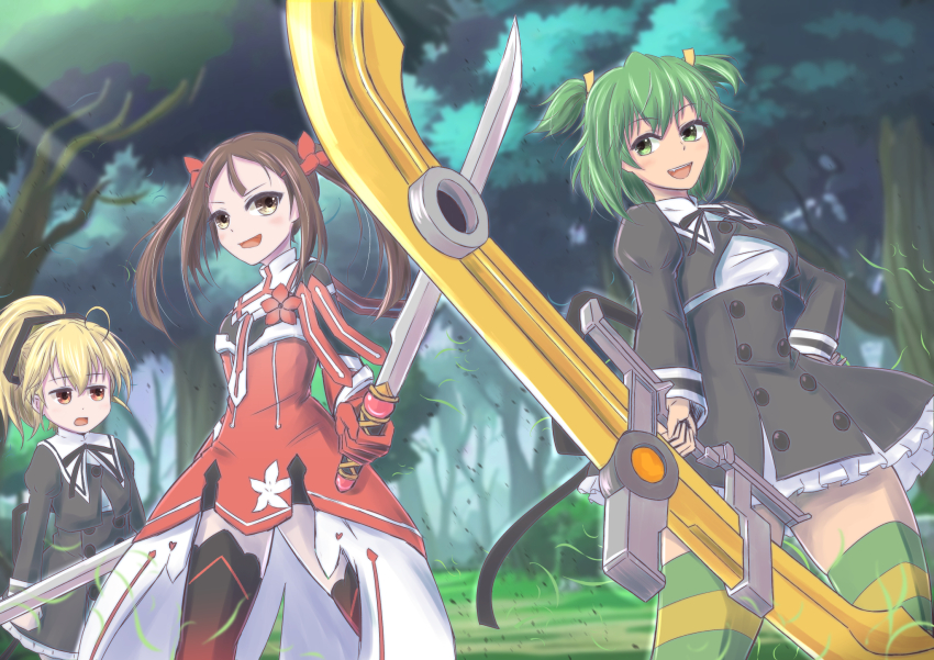 3girls :d ando_tazusa arms_at_sides assault_lily black_ribbon black_skirt black_thighhighs blonde_hair blurry blurry_background breasts brown_hair buttons commentary_request cowboy_shot cropped_jacket crossover day dress dress_flower dual_wielding fang flower forest frilled_skirt frills gloves green_eyes green_hair green_thighhighs grey_hair hair_ribbon hand_on_own_hip high-waist_skirt high_ponytail highres holding holding_sword holding_weapon light_blush long_hair looking_at_another looking_at_object medium_breasts miyoshi_karin multicolored_thighhighs multiple_girls nature neck_ribbon open_mouth orange_eyes outdoors ponytail red_dress red_flower red_gloves ribbon school_uniform shirt short_hair sideways_glance skirt smile standing striped_clothes striped_thighhighs sword teeth thighhighs tree twintails two_side_up upper_teeth_only v-shaped_eyebrows weapon white_shirt yajiuma_no_jesse yellow_eyes yellow_ribbon yellow_thighhighs yoshimura_thi_mai yurigaoka_girls_academy_school_uniform yuuki_yuuna_wa_yuusha_de_aru yuusha_de_aru