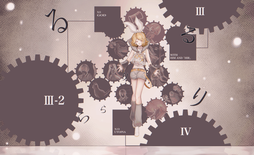 banica_conchita bare_shoulders belt belt_buckle blonde_hair bow buckle chaban_capriccio_(vocaloid) clockworker&#039;s_doll closed_eyes detached_sleeves english_text evillious_nendaiki floating floating_object gears grey_leg_warmers grey_sailor_collar grey_shorts hair_bow hair_ornament hairclip hakaba_no_aruji hakoniwa_no_shoujo_(vocaloid) headphones headset heartbeat_clocktower_(vocaloid) highres houtei_no_nushi kagamine_rin large_bow leg_warmers levi_(ailice04) levitation midriff music nanatsu_no_tsumi_to_batsu_(vocaloid) neckerchief open_mouth orange_belt outstretched_hand re_birthday_(vocaloid) sailor_collar sailor_shirt shirt short_hair shorts singing sleeveless sleeveless_shirt smile snow snowing swept_bangs vocaloid white_bow white_footwear yellow_neckerchief zenmai_jikake_no_komoriuta_(vocaloid)