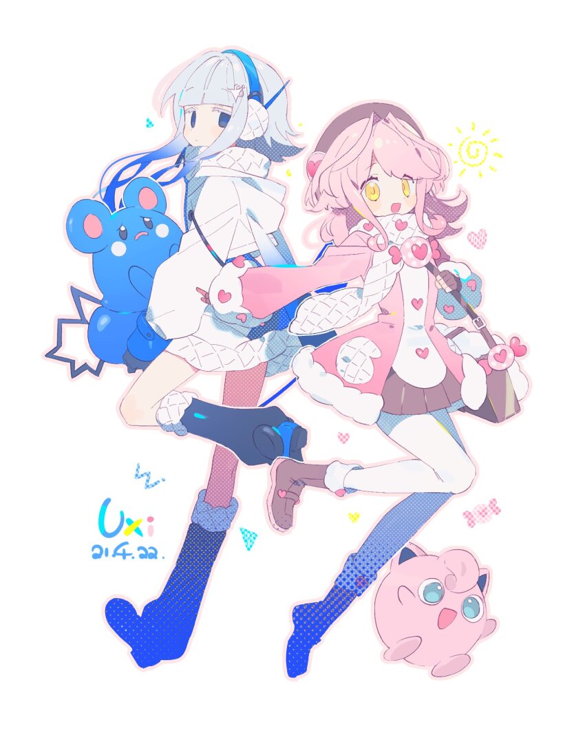 2girls asphyxia17 azurill back-to-back beret black_footwear blue_hair brown_footwear brown_gloves brown_hat brown_skirt colored_eyelashes dated dot_nose expressionless fingerless_gloves flipped_hair full_body fur-trimmed_footwear fur-trimmed_jacket fur_trim game_freak gen_1_pokemon gen_3_pokemon gloves gradient_hair grey_hair hand_up happy hat highres hood hood_down hoodie jacket jigglypuff jitome knee_up looking_back miniskirt multicolored_hair multiple_girls nintendo original outstretched_arm pink_hair pink_jacket pleated_skirt pokemon pokemon_(creature) short_hair_with_long_locks sidelocks skirt white_eyelashes white_hoodie