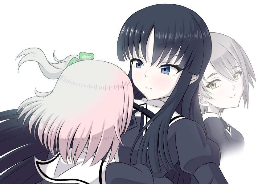 3girls assault_lily black_hair black_ribbon blue_eyes blush buttons closed_mouth clover commentary_request cropped_jacket cropped_torso facing_away fading four-leaf_clover grey_hair hair_between_eyes highres hitotsuyanagi_riri hug juliet_sleeves kawazoe_misuzu long_hair long_sleeves looking_at_another looking_to_the_side multiple_girls neck_ribbon one_side_up partially_colored pink_hair puffy_sleeves ribbon school_uniform shirai_yuyu short_hair sideways_glance simple_background smile upper_body white_background yadoo yellow_eyes yuri yurigaoka_girls_academy_school_uniform